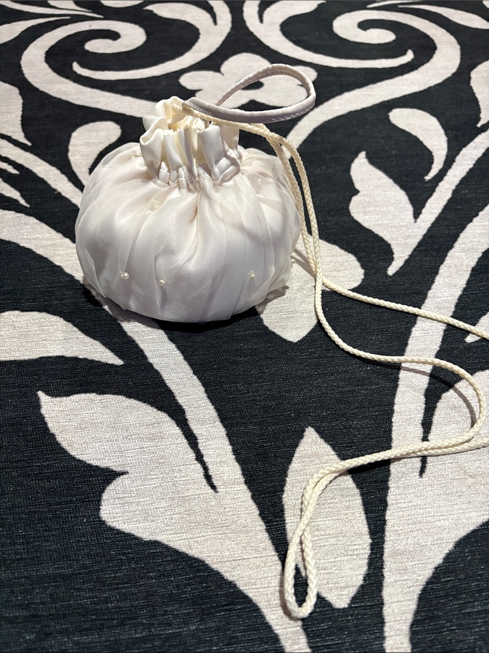 Ivory Satin with pearls Drawstring Pouch Shoulder Bag